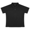 A black women's polo shirt with short sleeves and a collar. It features a logo on the chest.