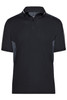 A black polo shirt featuring short sleeves and a collar, with contrasting side panels and a logo.