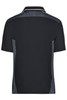 A black polo shirt with contrasting grey panels and a collar, featuring a logo.