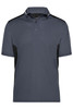 A grey polo shirt with black accents, featuring a classic collar and a logo on the chest.