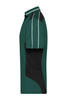A green polo shirt with black accents and white piping, featuring a logo on the chest.