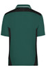 A craftsmen polo shirt in dark green with black side panels and a white collar, featuring a logo on the back.