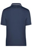 A navy blue polo shirt featuring a collar and a subtle contrasting stripe. It has a logo on the chest area.