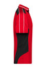 A red and black polo shirt with contrasting side panels and a small logo on the chest.
