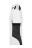 A side view of a polo shirt in white and black, featuring a logo on the chest.