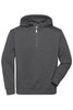 A dark grey half zip hoodie featuring a hood and long sleeves, with a branding logo.