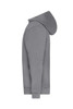 A grey half zip hoodie featuring a hood and long sleeves, with a logo on the side.