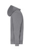 A grey half-zip hoodie featuring a hood and long sleeves, with a simple design and a branding logo.