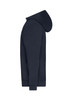 A half zip hoodie in navy blue, showcasing a side view with a hood and ribbed cuffs. It features a logo.