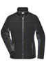 A black fleece jacket featuring zippered pockets and a collar, with a sleek design and contrasting sleeve materials.