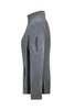 A grey polar fleece jacket featuring zippered pockets and a high collar, with a logo on one sleeve.