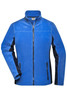 A blue polar fleece jacket with dark navy sleeves and zippered pockets. It features a high collar and full-length zipper.