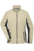 A fleece jacket in beige with black sleeves and zippered pockets, featuring a high collar and a logo.