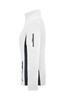A polar fleece jacket in white with navy side panels and zippered pockets. Features a logo on the sleeve.