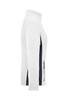 A polar fleece jacket in white with navy side panels, featuring a high collar and a logo.