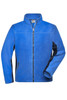 A blue fleece jacket with black detailing, featuring a zip front and side pockets. It has a collar and long sleeves.