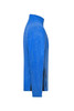 A fleece jacket in vibrant blue with a high collar and zippered side pockets, featuring a logo.