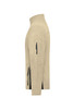 A beige men's workwear fleece jacket featuring zippered pockets and a stand-up collar. It has a logo on the sleeve.