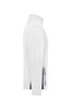 A men's workwear fleece jacket in white with a side zip pocket and a high collar, featuring a logo.