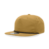 A high-profile, relaxed rope hat in a mustard yellow colour with a black stripe, featuring a logo on the front.