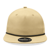 A high-profile, relaxed 5-panel hat in khaki with a black rope accent and a logo on the front.