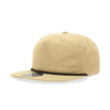 A high-profile relaxed rope hat in a light tan colour with a black accent on the brim. Features a logo.