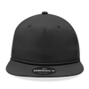 A high-profile, relaxed black rope hat featuring a branded patch on the front.