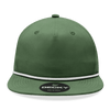 A green 5 Panel High Profile Relaxed Rope Hat with a flat brim and a decorative rope detail. Features a logo on the front.