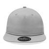 A high-profile, relaxed grey rope hat with a round brim and a logo on the front.