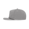 A high-profile grey rope hat with a flat brim and a logo on the front.