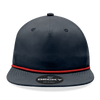 A navy blue 5 panel high profile relaxed rope hat with a red rope detail and a logo on the front.
