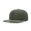 A high-profile, relaxed olive green rope hat featuring a flat brim and a logo on the front.