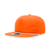 An orange 5 Panel High Profile Relaxed Rope Hat with a black brim and a logo on the front.