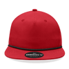A red high-profile relaxed rope hat with a black brim and a logo on the front.