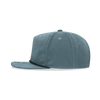 A grey 5 Panel High Profile Relaxed Rope Hat with a flat brim and a logo on the front.