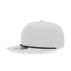 A white 5 Panel High Profile Relaxed Rope Hat with a black trim and a branded label on the front.