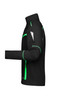 A black workwear jacket with green accents, featuring various pockets and a high collar.