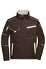 A brown workwear jacket featuring multiple pockets and contrasting cream trim, designed for durability and functionality.