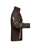 A brown workwear jacket with contrasting light trim and a logo on the chest area, displayed from the side.