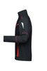 A black workwear jacket with red accents, featuring multiple pockets and a logo on the upper arm.