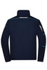 A navy blue workwear jacket featuring reflective detailing and a high collar. The back view displays its clean design.