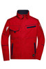 A red work jacket featuring multiple pockets and navy accents, with a logo on the front.