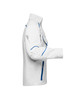 A white workwear jacket with blue accents and a zippered pocket on the front, featuring a logo.