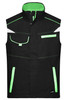 A black workwear vest with green accents and reflective detailing, featuring multiple pockets and a high collar.