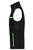 A black work vest with green accents and multiple zippered pockets, featuring a logo on the front.