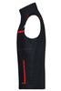 A black workwear vest with red accents, featuring multiple pockets and a sleeveless design.