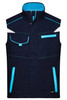 A navy workwear vest with turquoise accents and multiple pockets, featuring a logo.