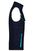 A navy workwear vest with blue accents and multiple pockets. Features a sleeveless design.