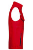 A red work vest featuring a zip pocket and a logo, designed for workwear applications.