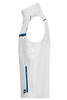 A white workwear vest with blue accents, featuring multiple pockets and a logo.